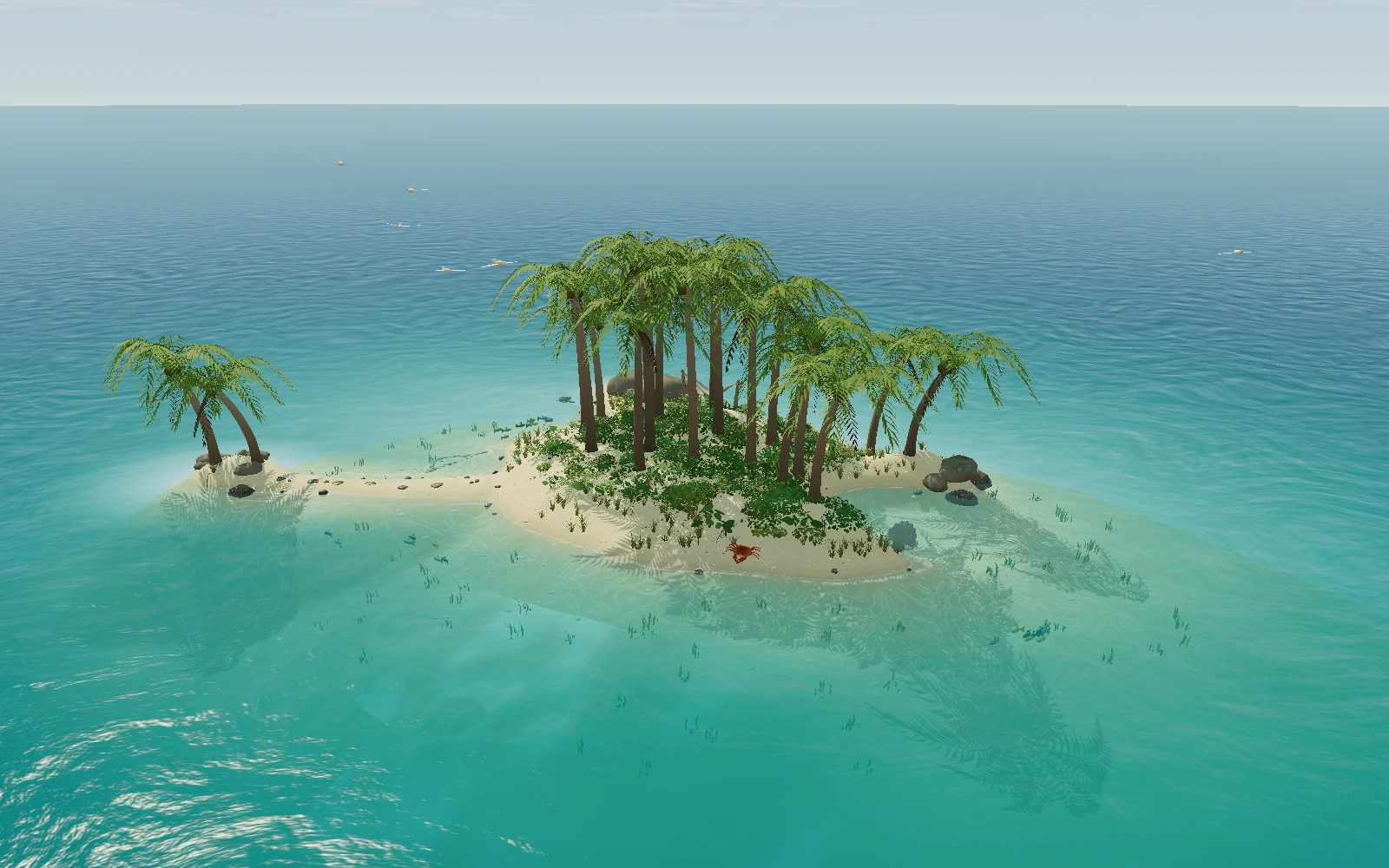 The island's palm grove, sandy shore and clear turquoise shallows.